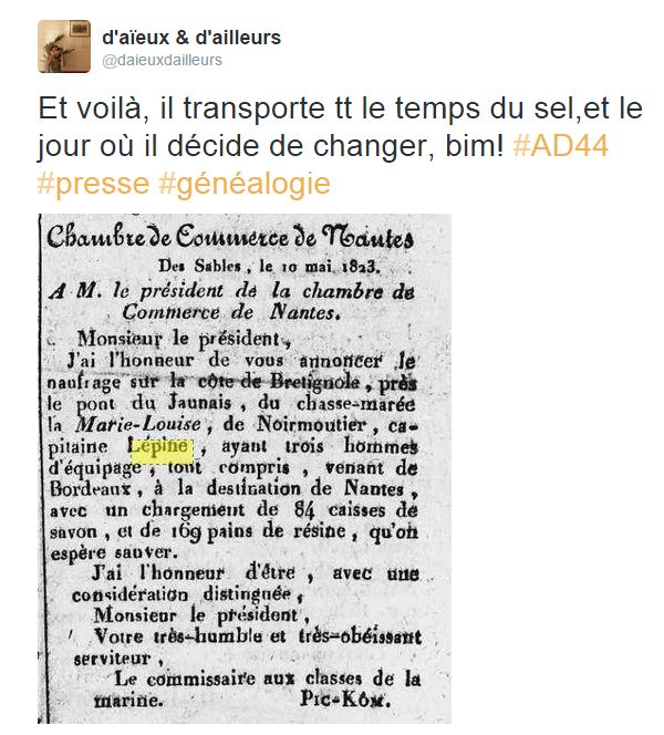 AD44 feuille commerciale 1823 naufrage