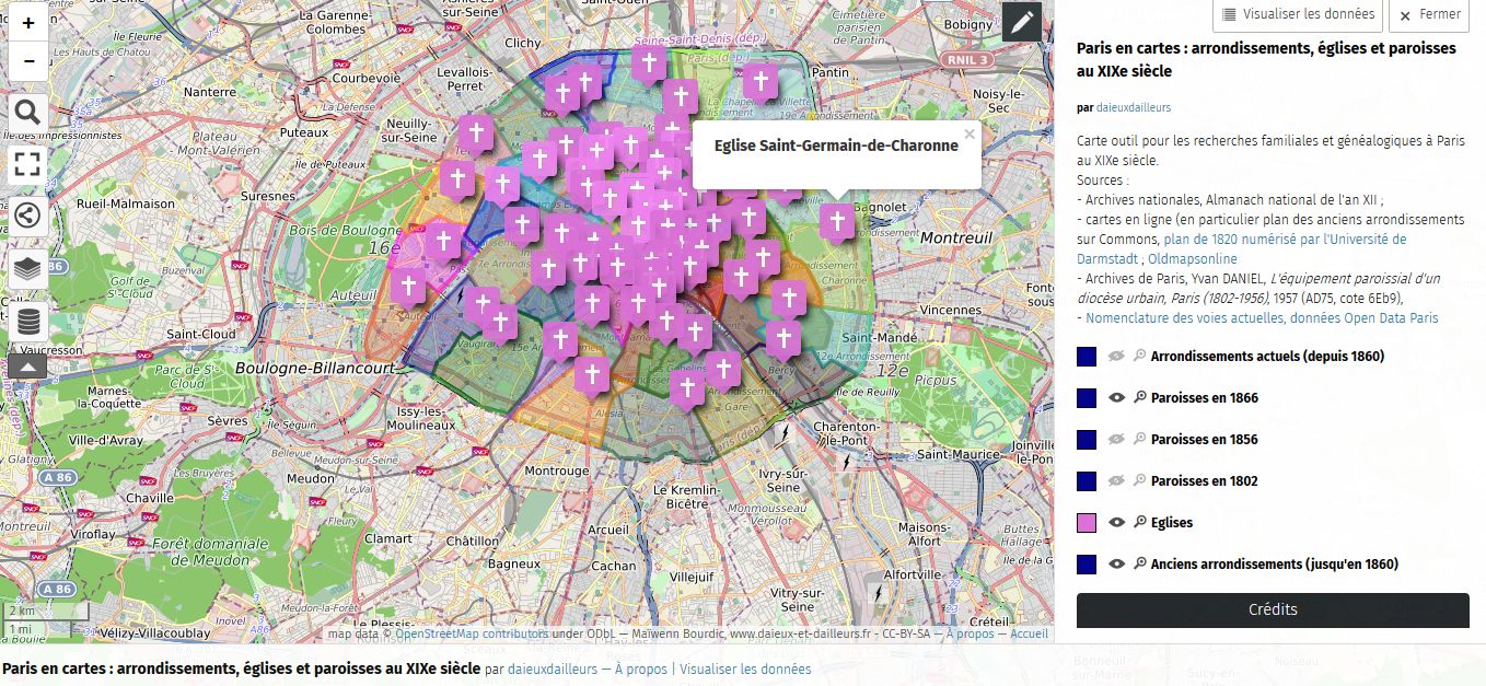 Carte historique des paroisses et arrondissements de Paris